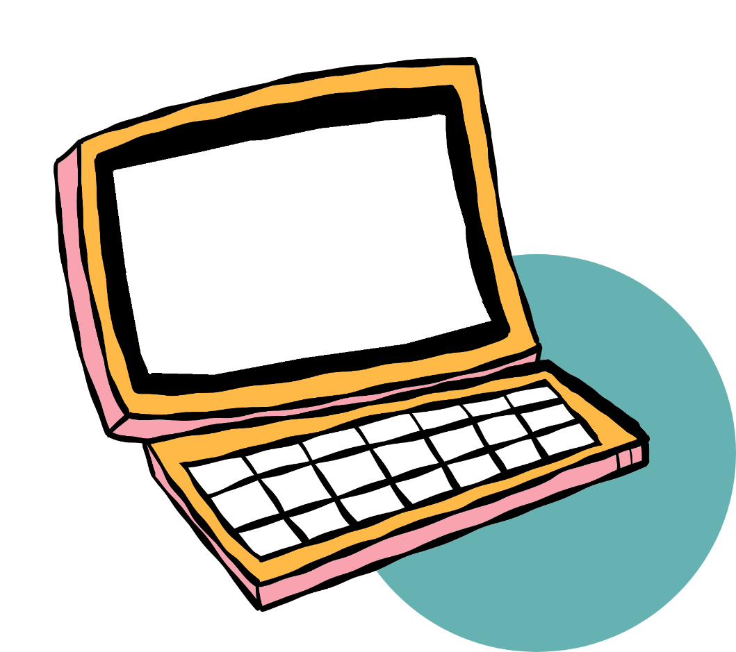 Playful hand-drawn illustration of a computer