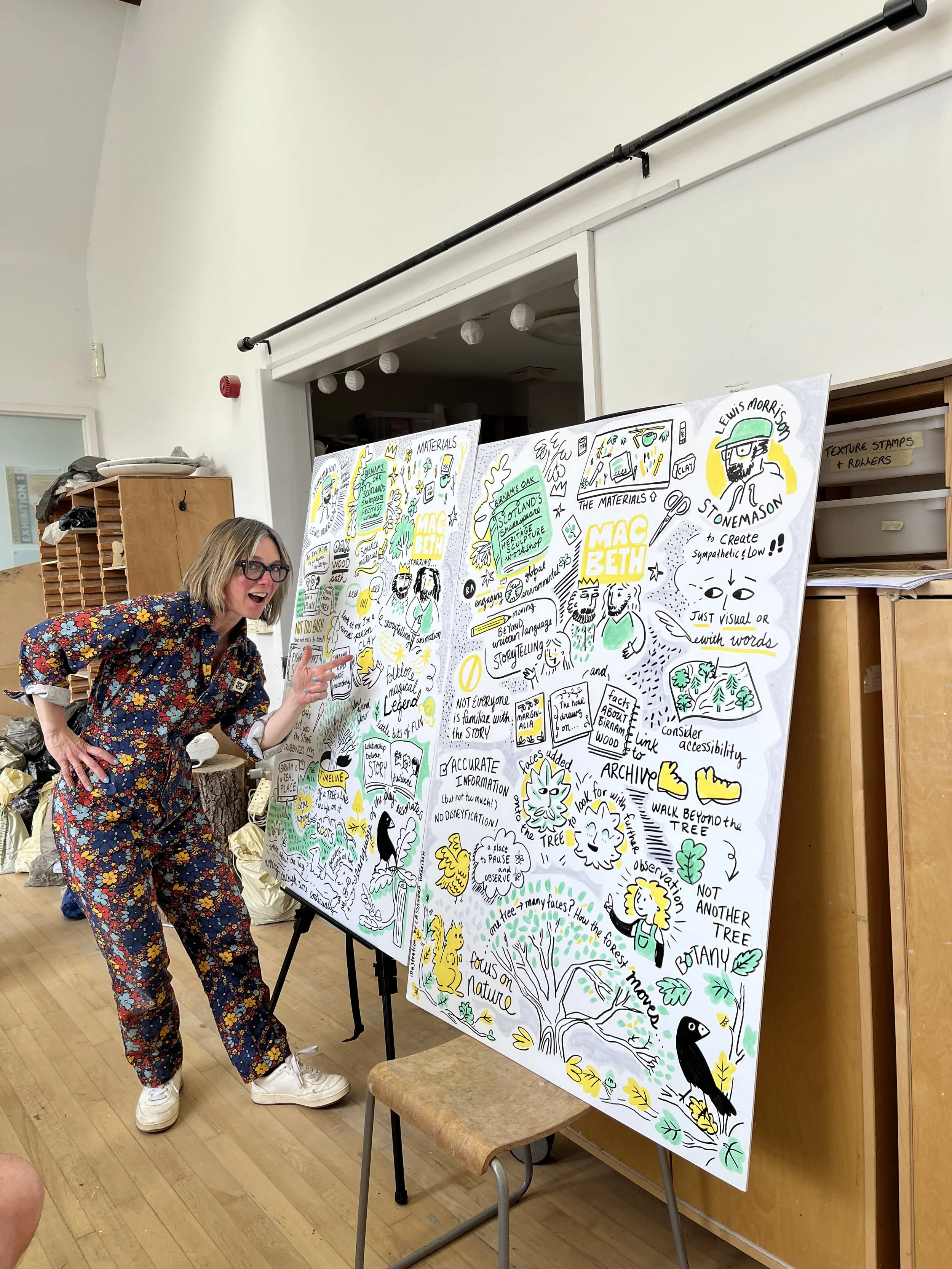 a photograph of Cassandra Harrison showing her work at the Birnam Oak workshop in Birnam near Dunkeld. This was a hand-drawn live illustration project created with the local community and Birmingham university about Shakespeare and Macbeth and Birnam