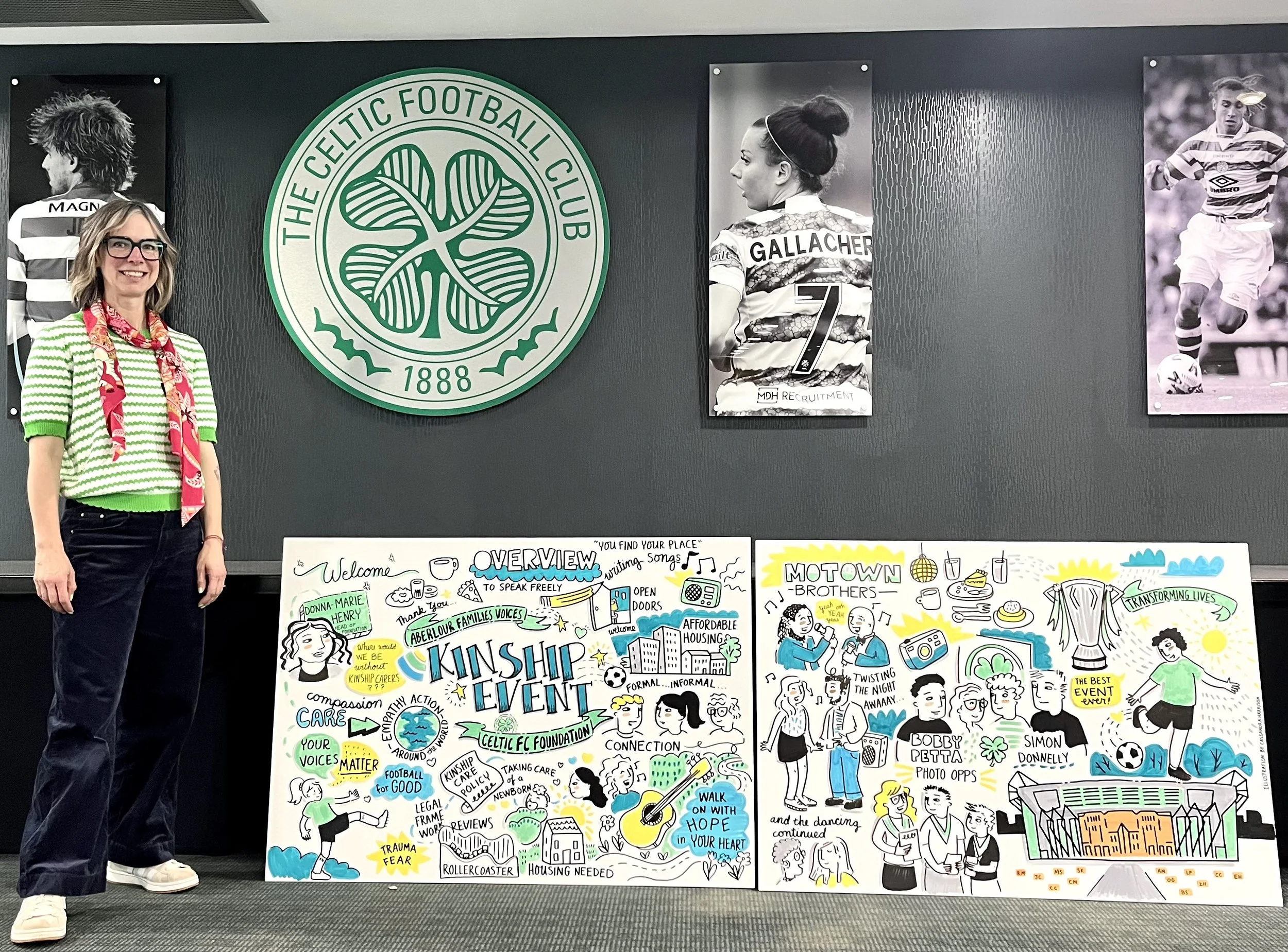 A photograph of Cassandra Harrison standing next to her hand drawn live illustration boards at the Celtic FC Foundation celebration event in Glasgow