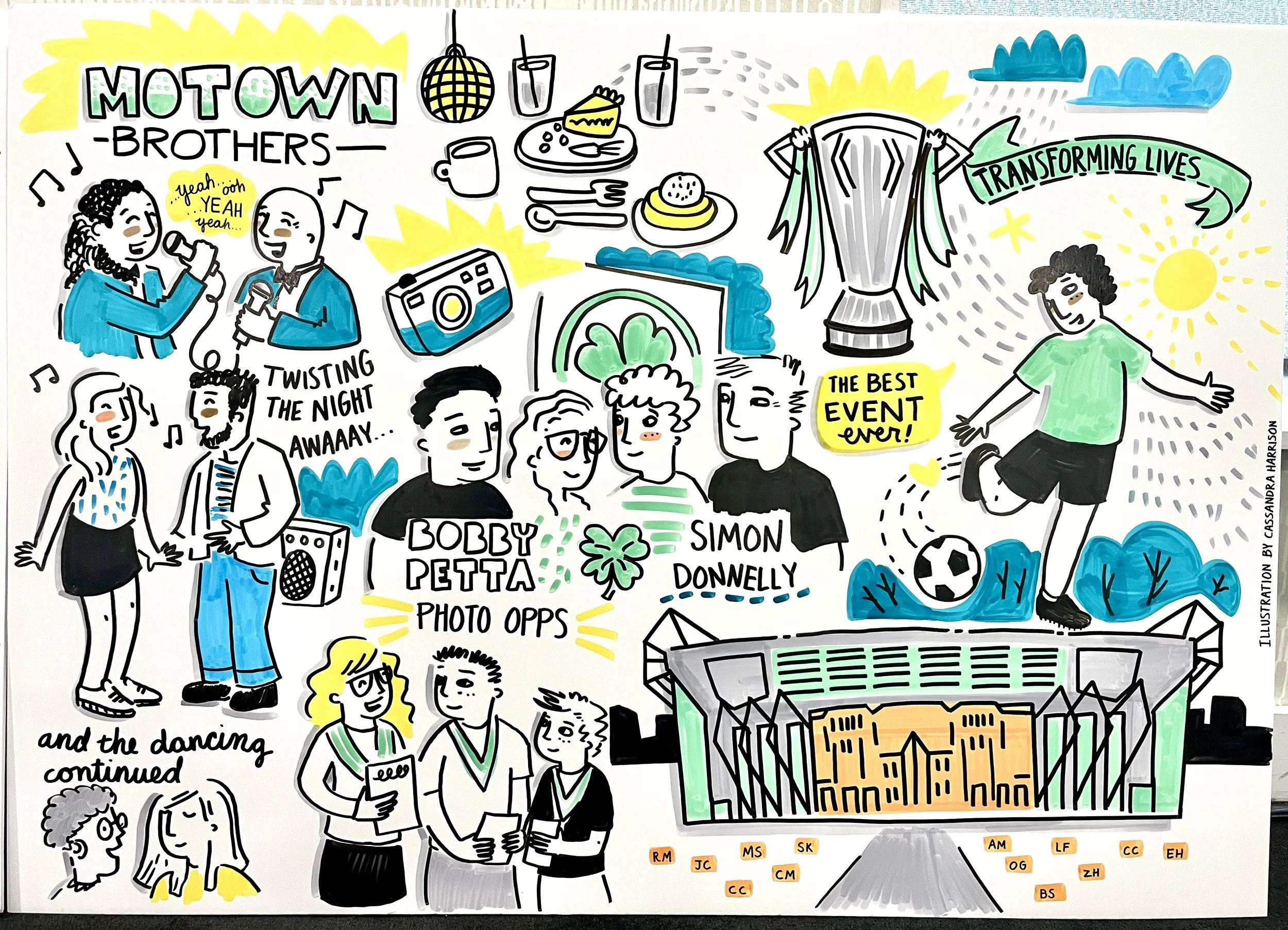 This is a live illustration of the Motown Brothers, Bobby Petta, Simon Donnelly and children playing football. People are dancing and there is an image of the trophy along with food and drink