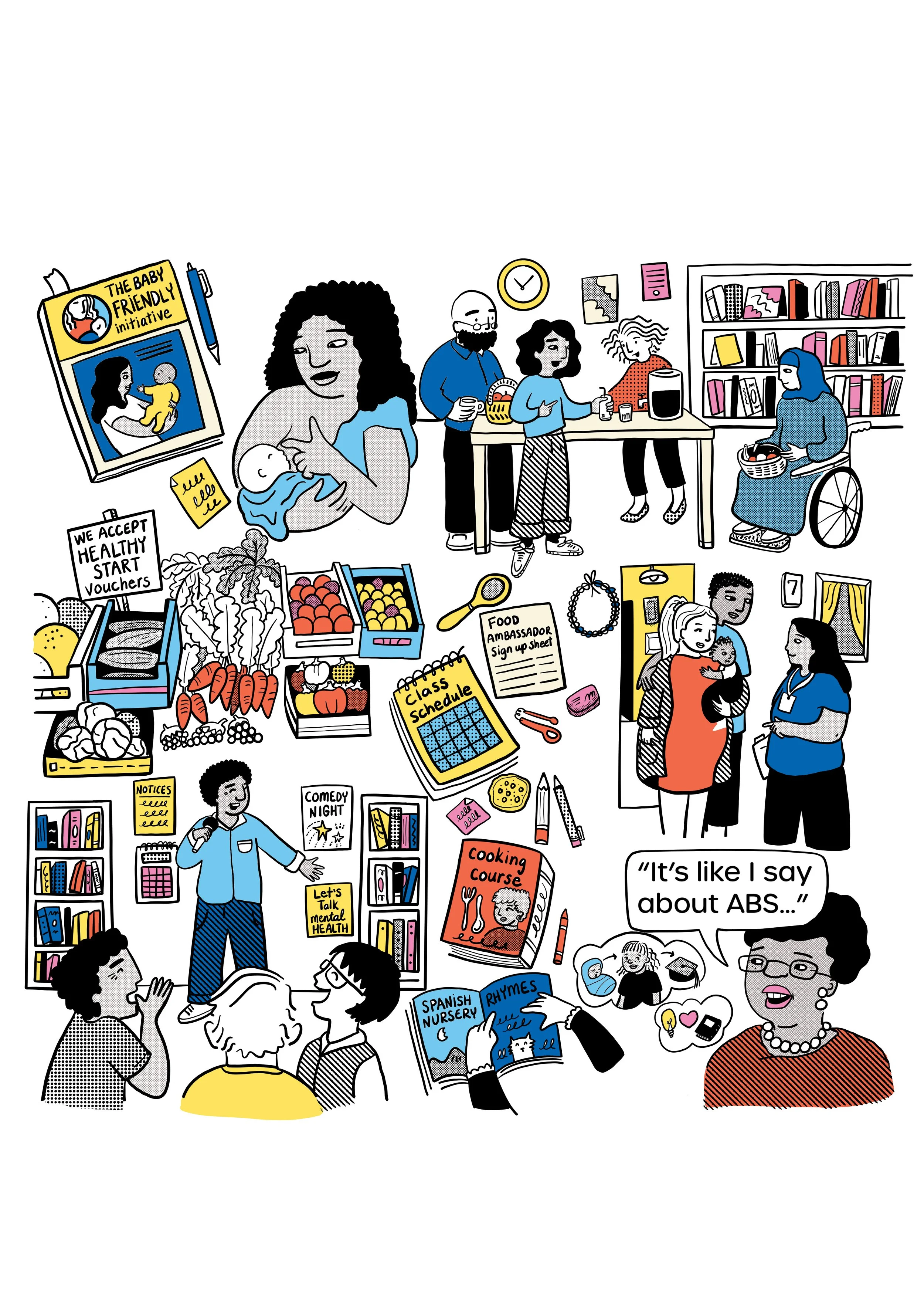 A better start digital illustration showing the local community working together to help each other.  This was created for a funding report, project funded by the national lottery in the UK