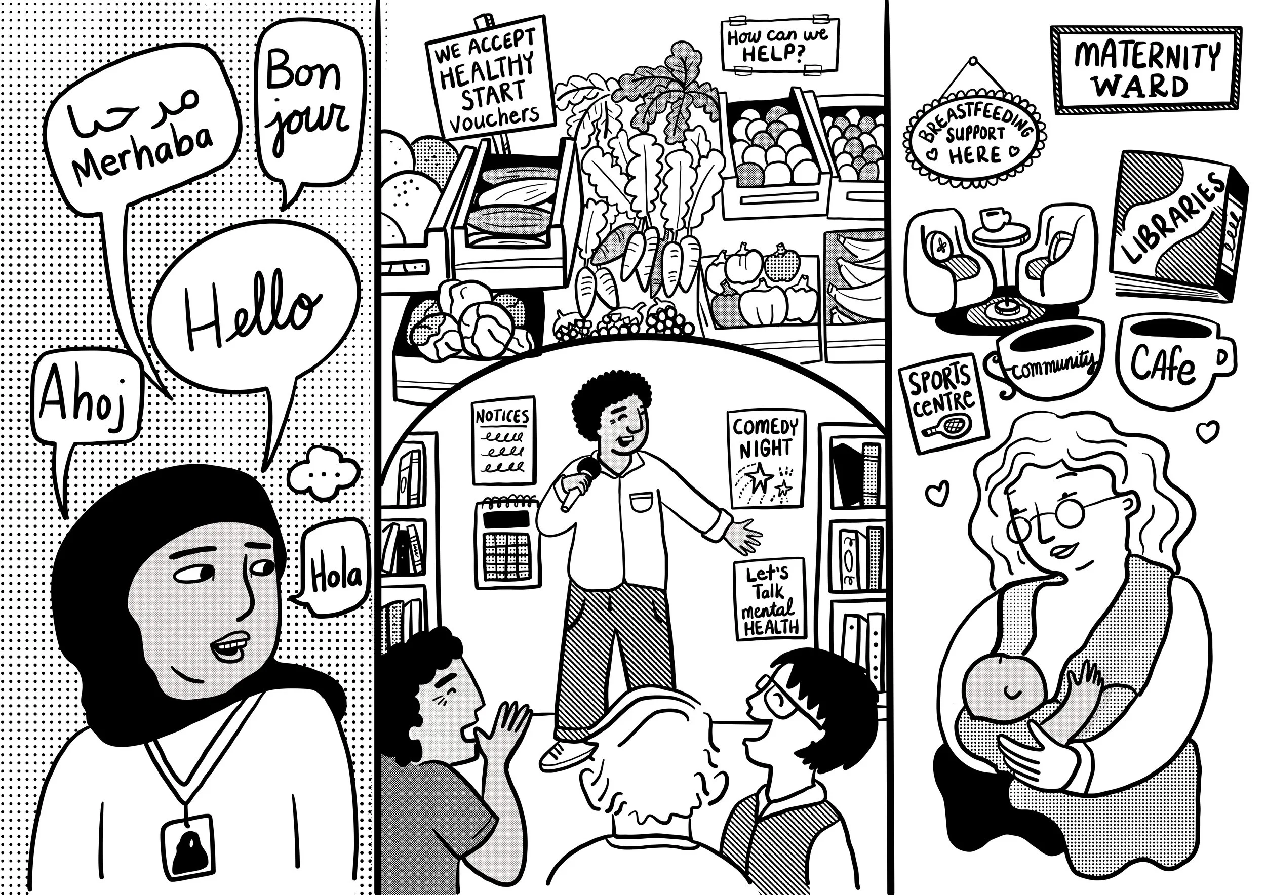 A better start lottery funded project illustration showing people working in translation, breastfeeding and a mens comedy group