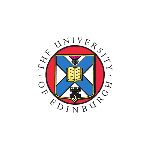 A circular emblem with a red background, featuring an open book, a pen, a pinecone, and a blue and white geometric design.
