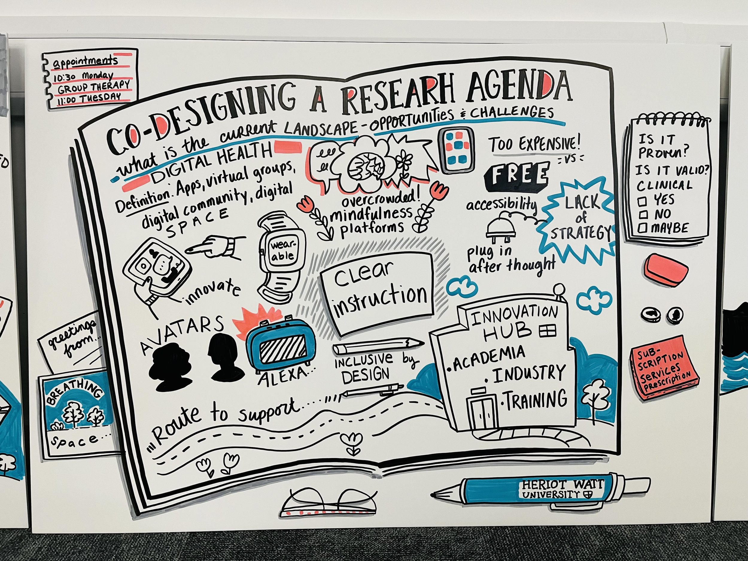 An illustration of a journal with a pen. Co-designing a research agenday for neurodiverse people. An illustration about mental wellbeing and digital health.