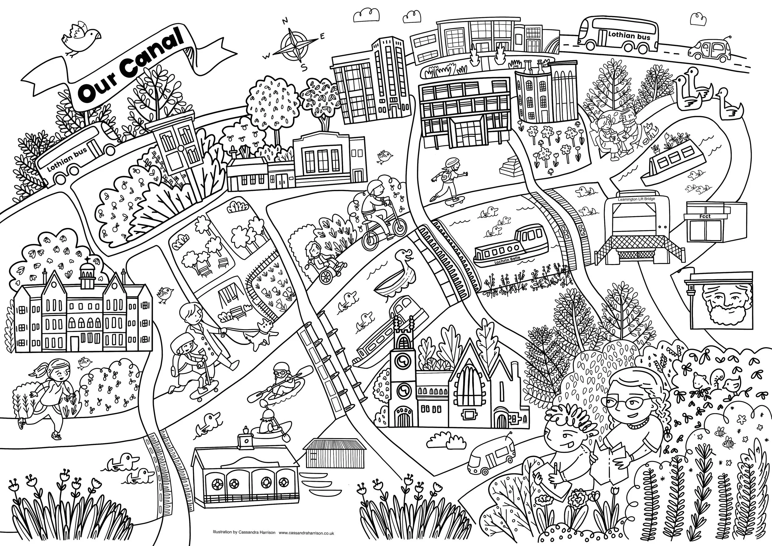 a colouring sheet created for a local charity drawing interest to the canal and things to see along the route. In this image you can see buildings, a bus, kayaks, children, church, bridge, swans.