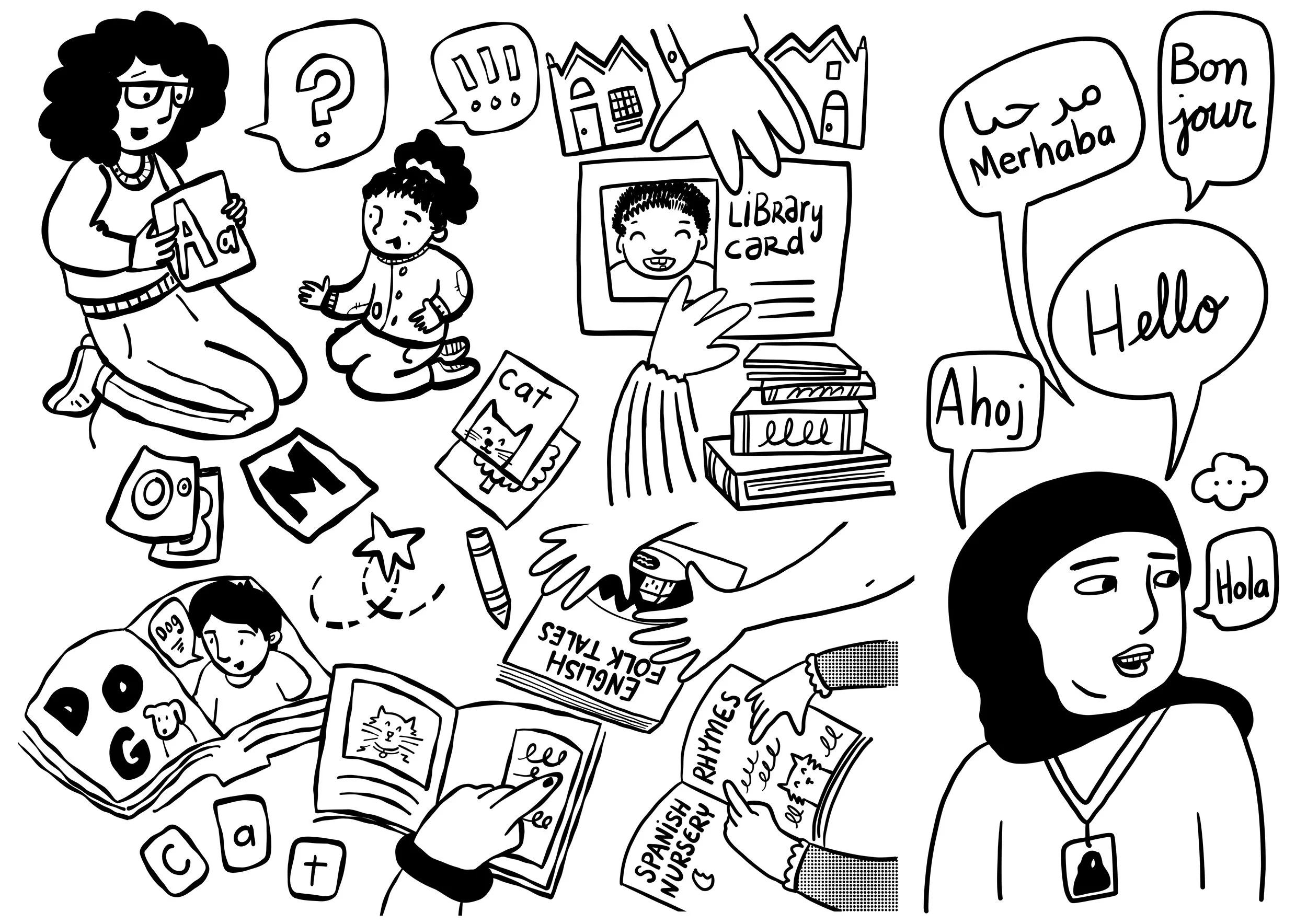 An illustration showing different communications styles in spoken and written language where a library is represented as well as books read between parents and children