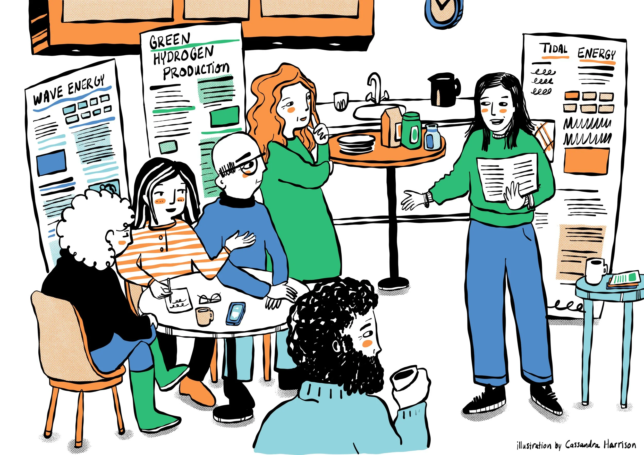Illustration of a group of people at a presentation about renewable energy sources, including wave energy and green hydrogen production, with informational posters in the background, in a kitchen-like setting.