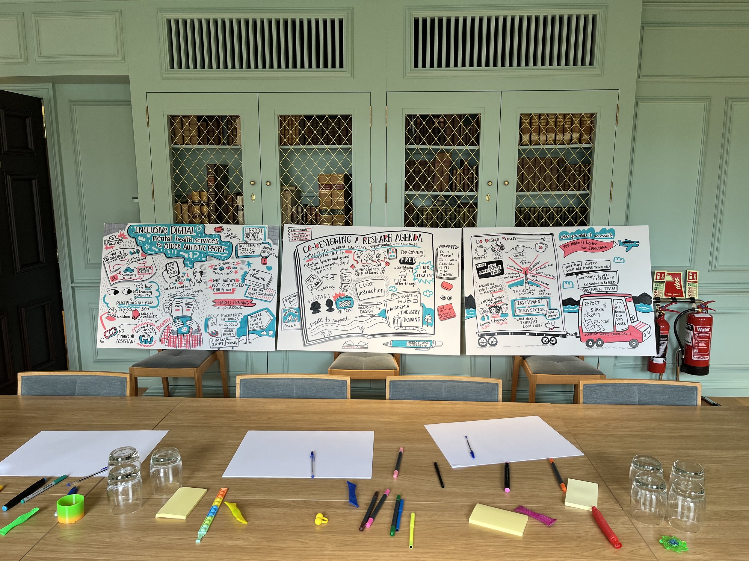 Live illustration work about neurodiversity. Workshops and discussions with paper and pens and washi tape. Fidget toys on a table for people with autism.