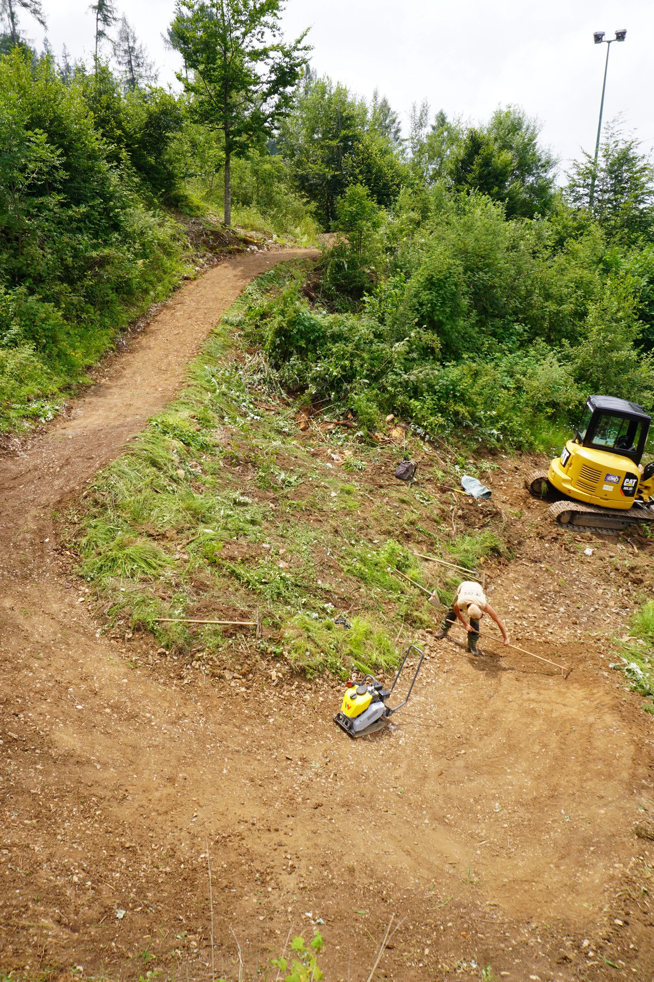 Lavoratori chealpicano il terreno con attrezzi da lavoro in un'area di campagna o foresta, con attrezzatura per il terreno visibile e vegetazione tutta intorno.