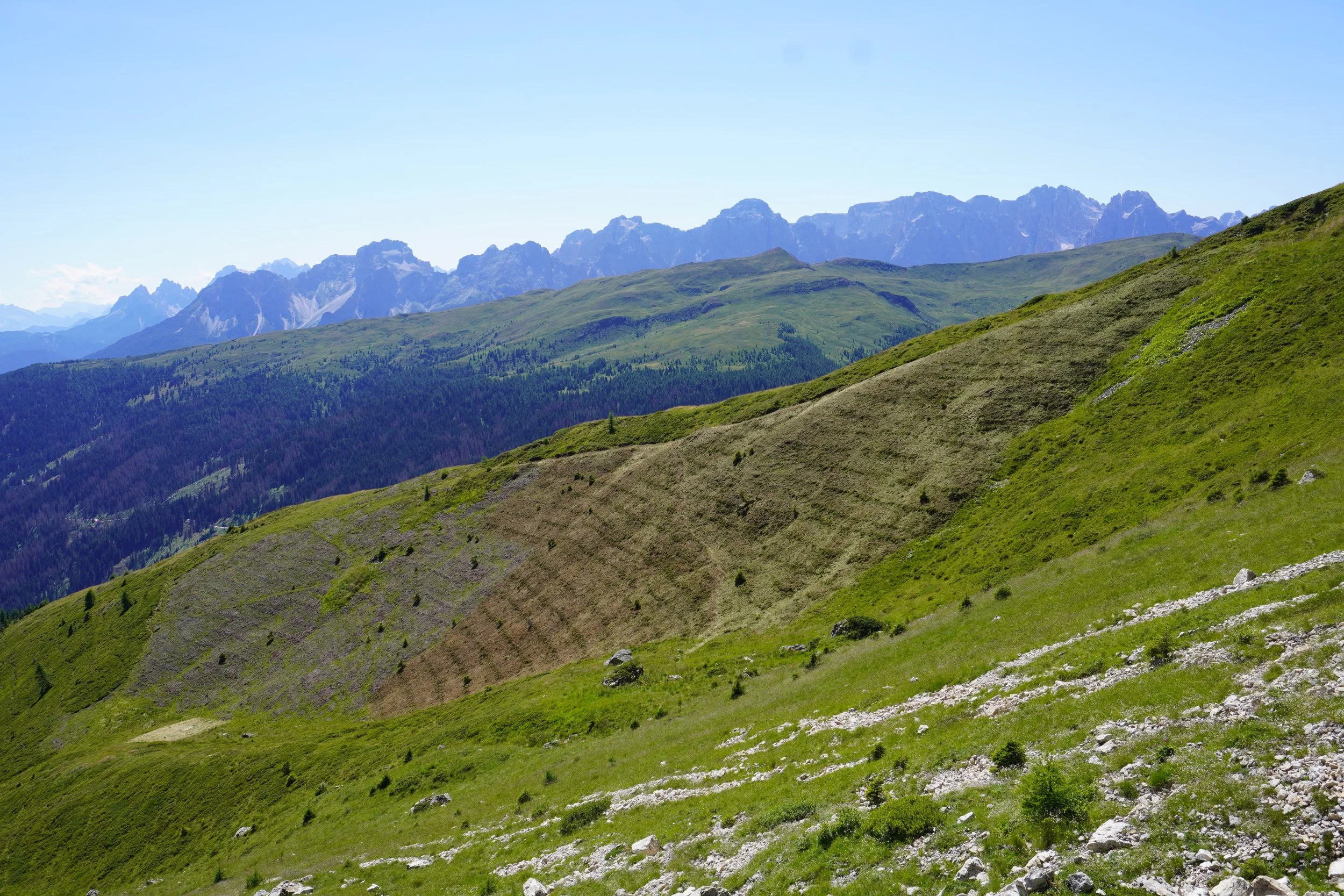 Paesaggio montano con verdi colline e alte montagne rocciose sullo sfondo, sotto un cielo blu chiaro.