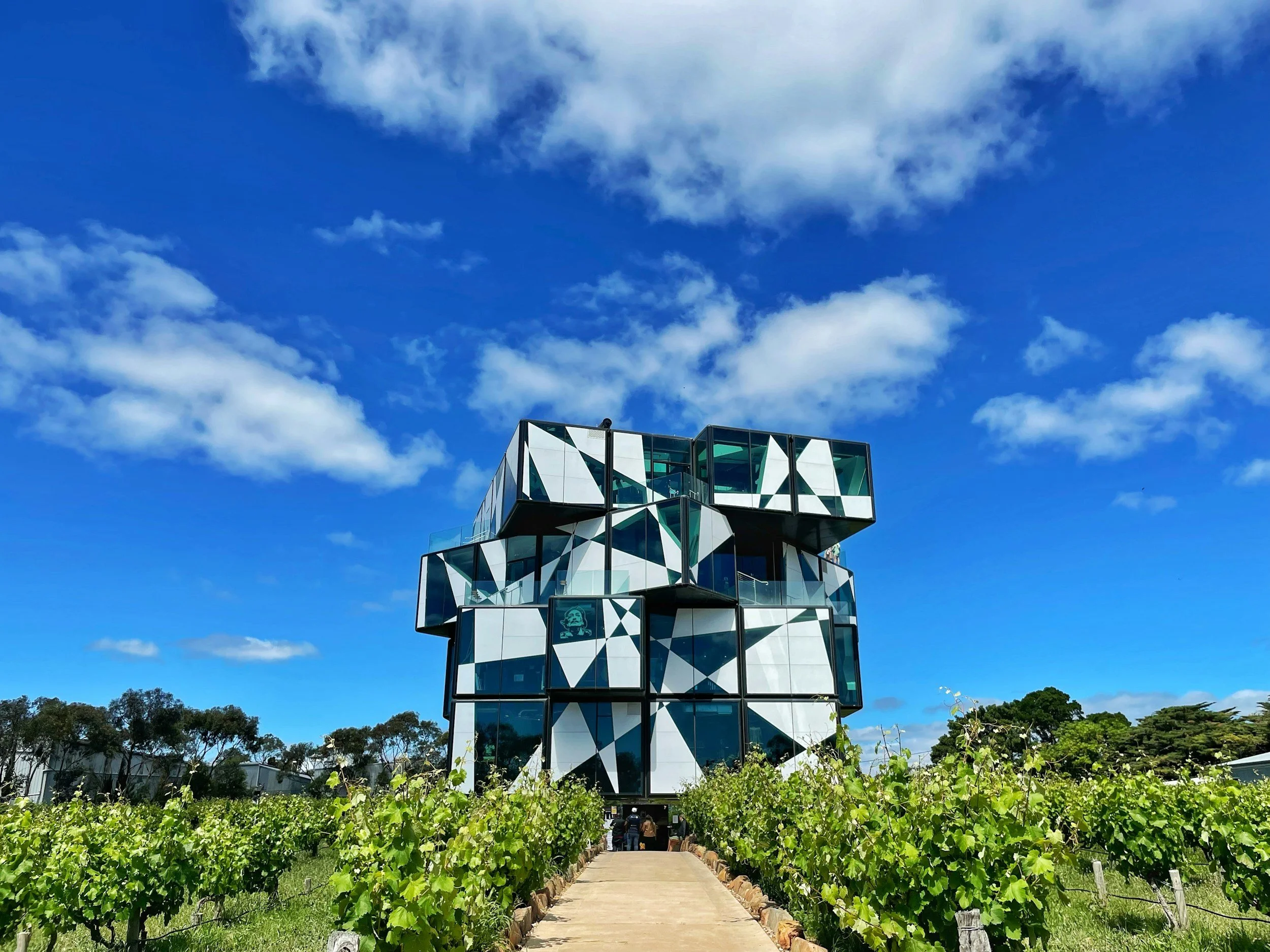 Modern building with geometric black and white patterns, surrounded by a vineyard and blue sky with scattered clouds.