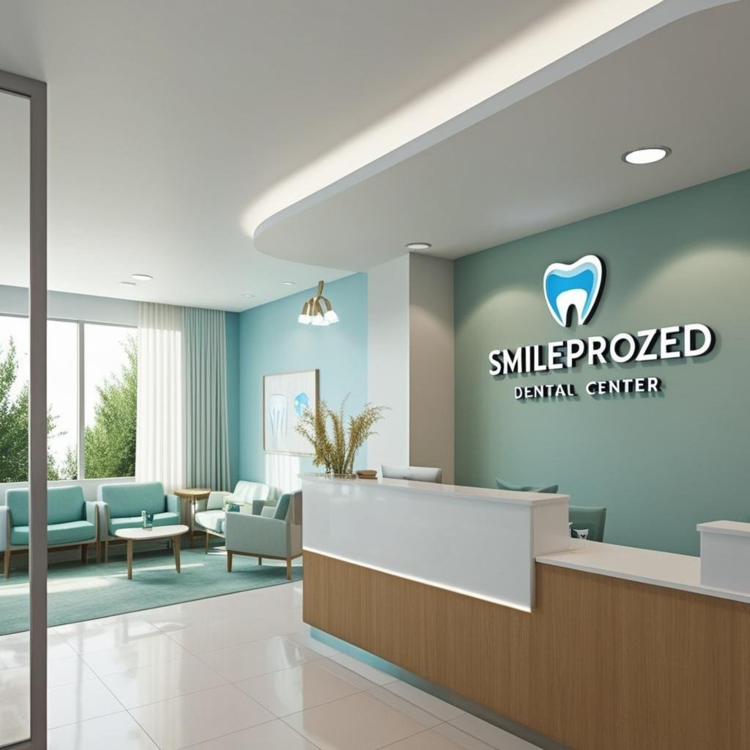 Interior of a dental clinic with a reception desk, mint green walls, a waiting area with teal chairs, a large window with curtains, and a sign on the wall that reads 'SmileProzed Dental Center' with a tooth logo.