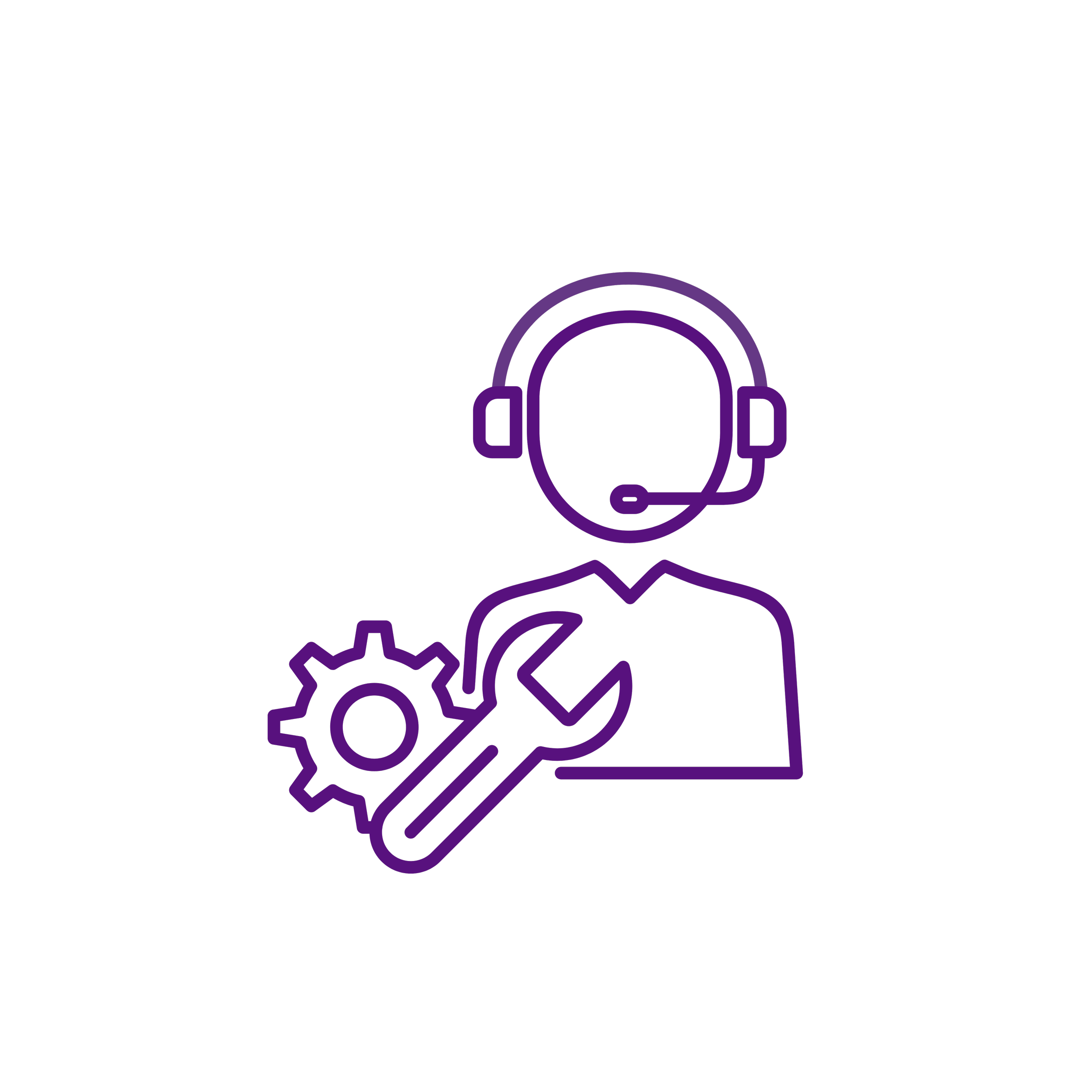 Line drawing of a person with a headset, a gear, and a wrench, representing technical support or customer service.