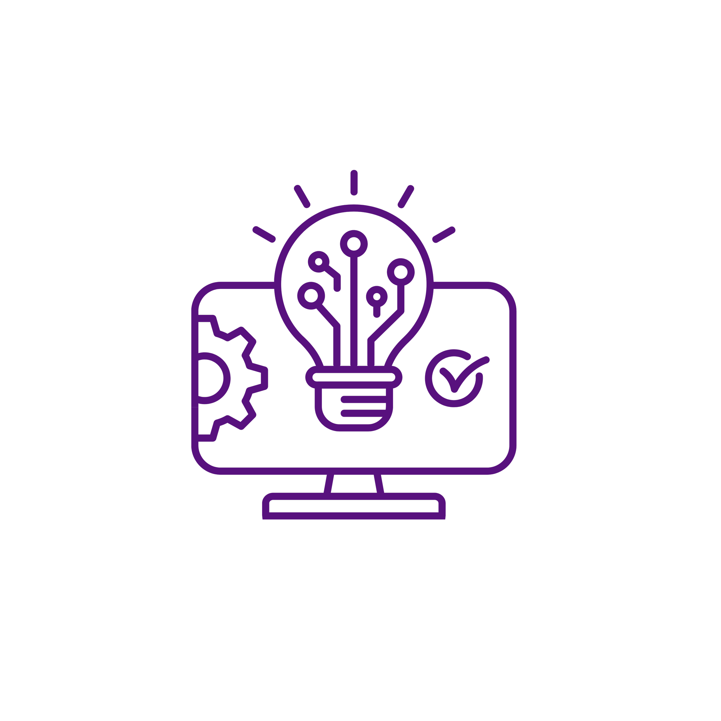 Illustration of a computer monitor with a lightbulb that has circuit lines inside, a gear on the left, and a checkmark on the right, all drawn with purple lines on a black background.