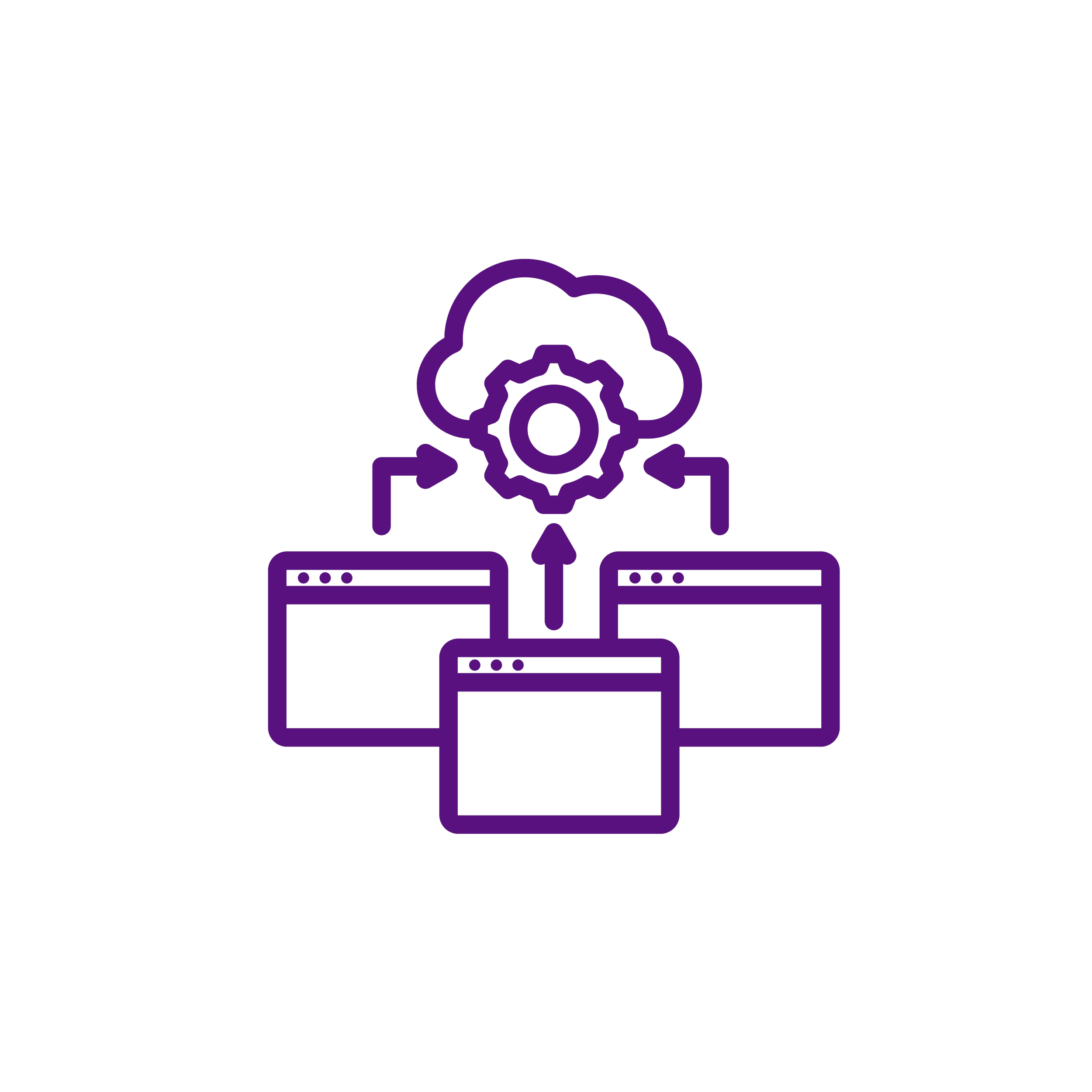 Purple line art icon of cloud computing with three browser windows and gear symbol connected by arrows