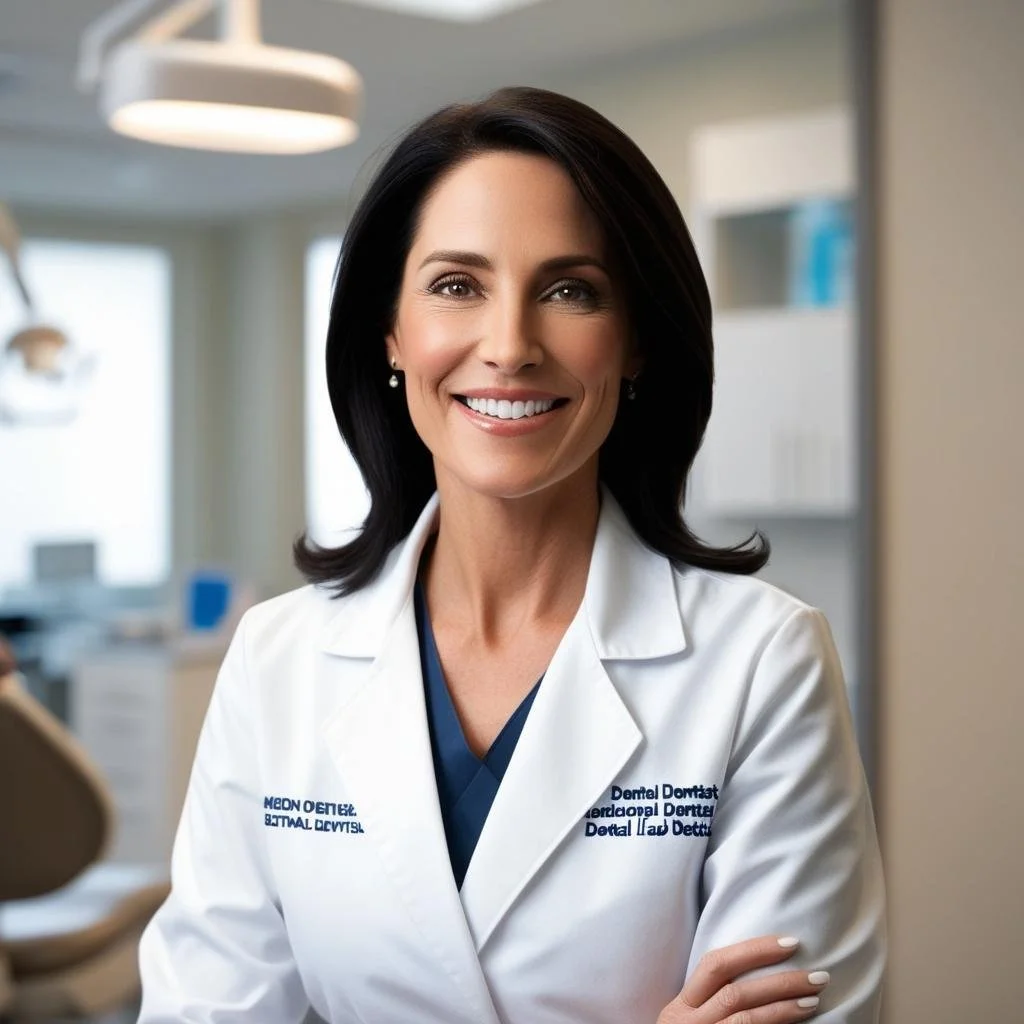 A smiling female dentist in a white coat inside a dental clinic.