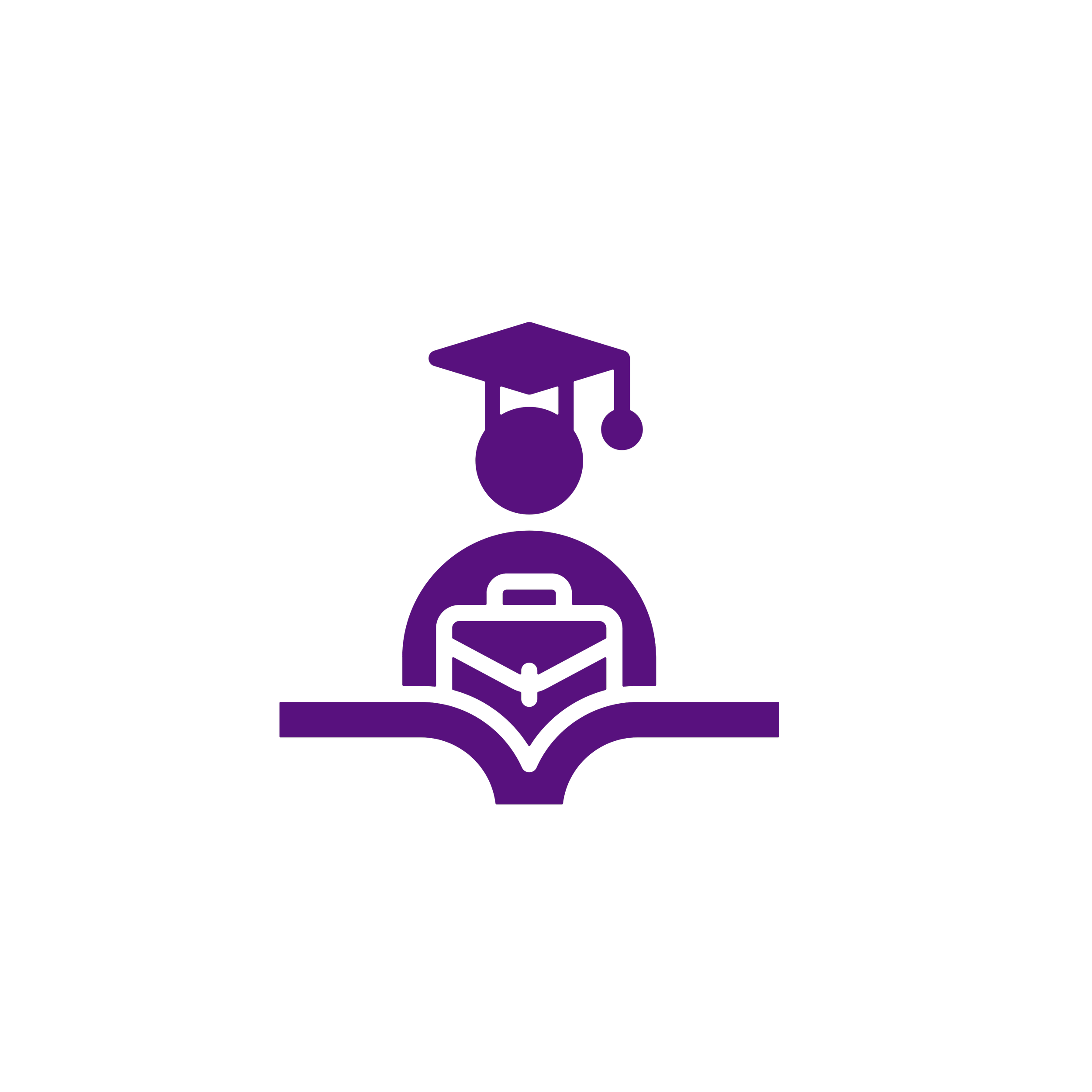 Icon of a person wearing a graduation cap, sitting at a desk with a book and a briefcase in purple.