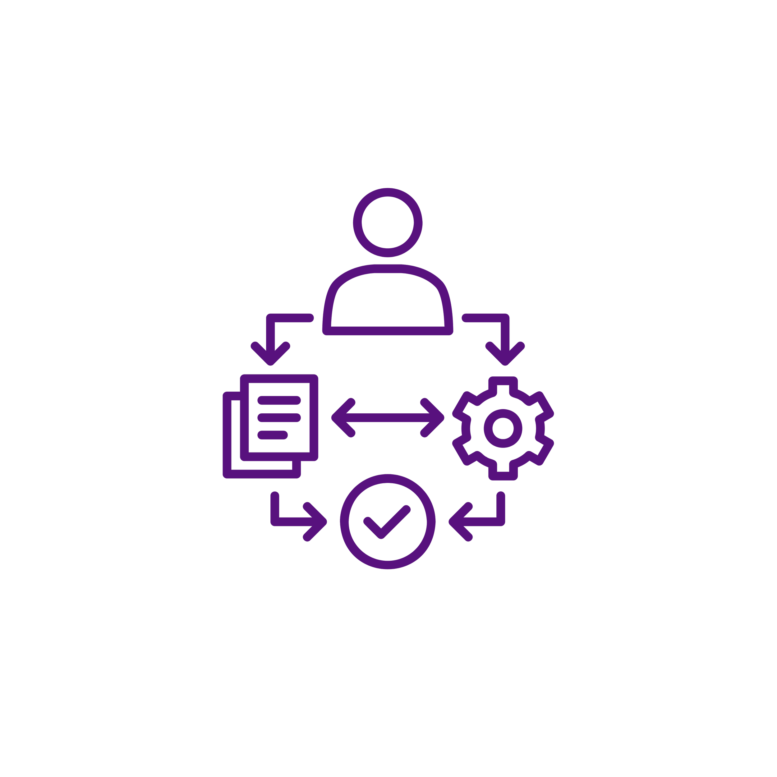 Outline icon of a person connected to documents, a gear, and a checkmark, with arrows indicating a process or workflow.