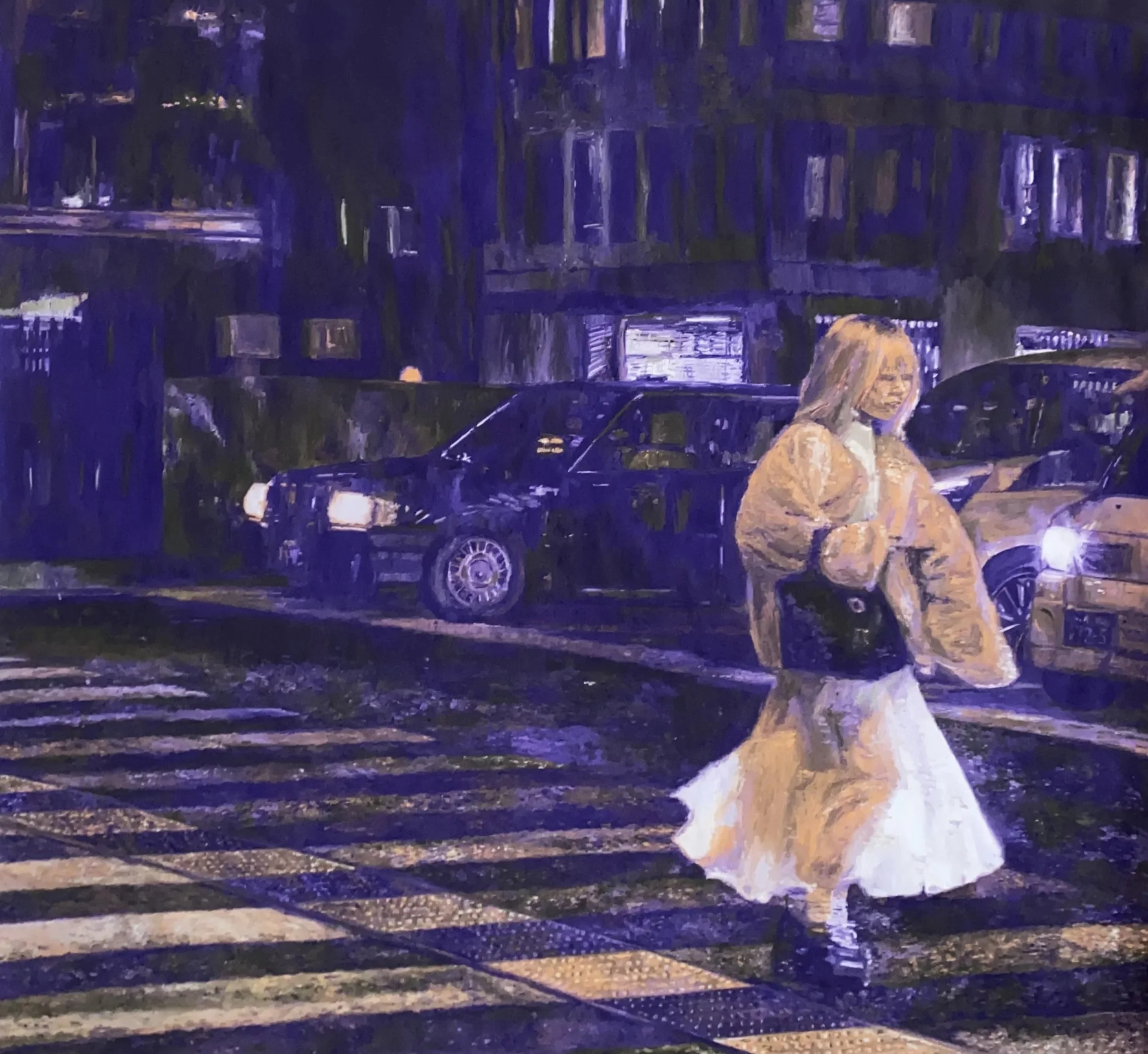 Painting of a woman crossing a street at night under a bridge, with parked cars and a building in the background.