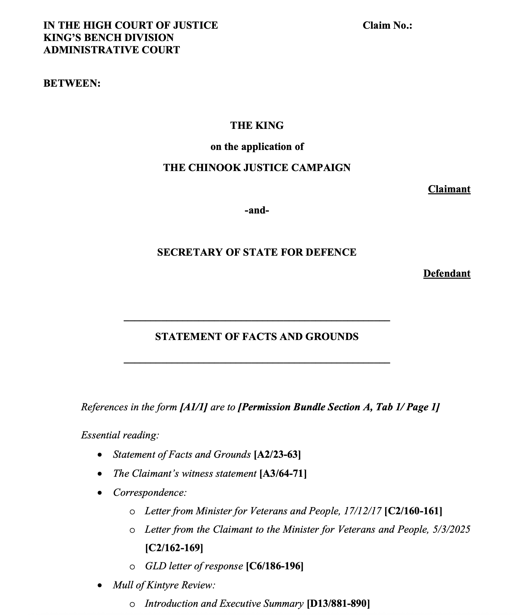 Judicial Review claim officially submitted to the High Court by Chinook crash legal team 