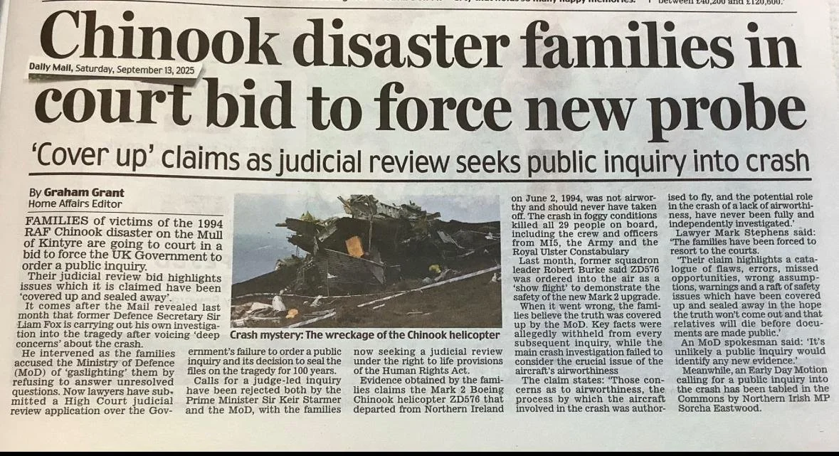 Daily Mail: Chinook disaster families in court bid to force new probe