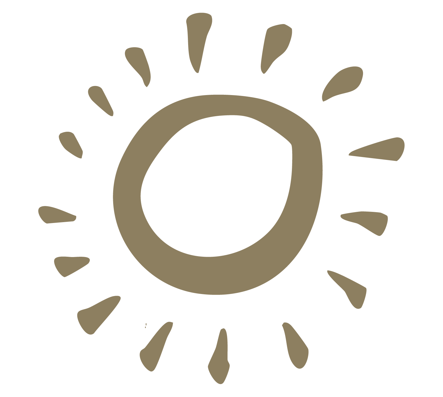 Stylized sun icon with a circle in the center and elongated rays radiating outward, all in a beige color.