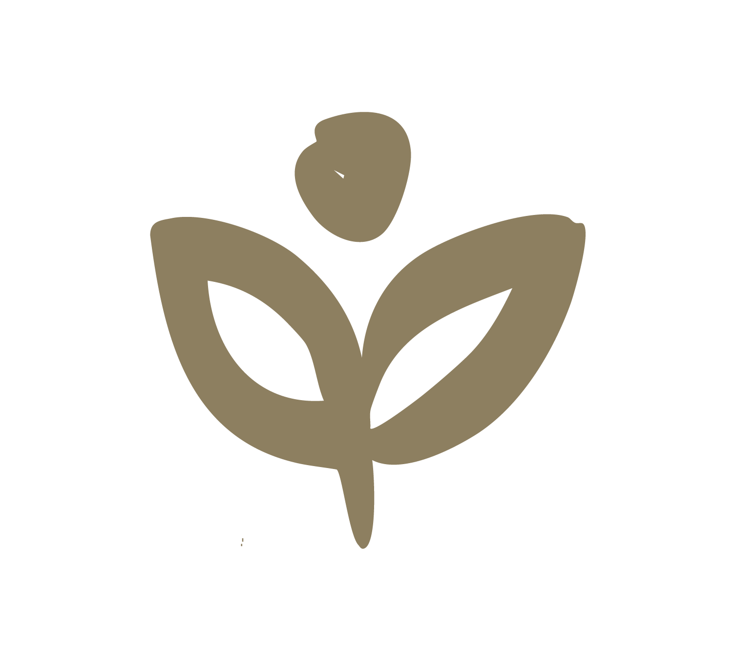 A stylized brown plant with two leaves and a bud on top, set against a black background.