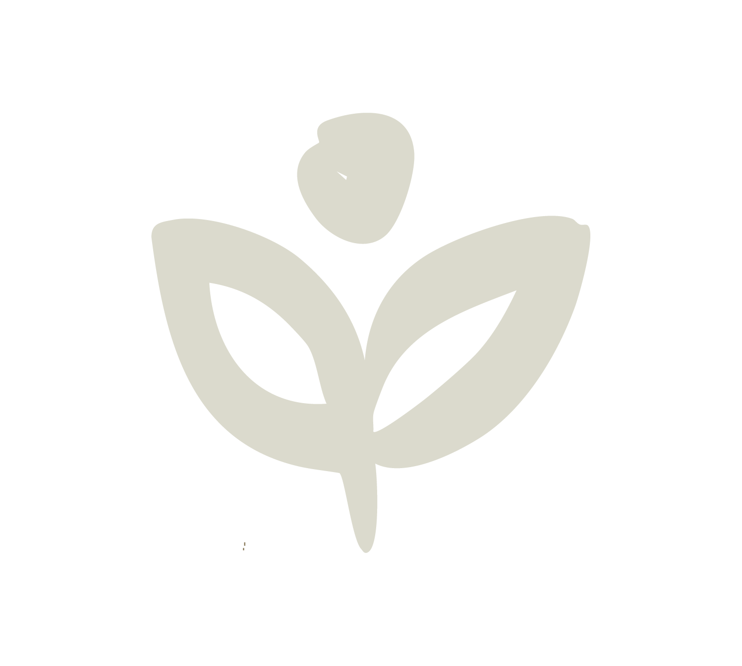 A minimalist, light-colored illustration of a small plant or sprout with two leaves and a small bud on top.