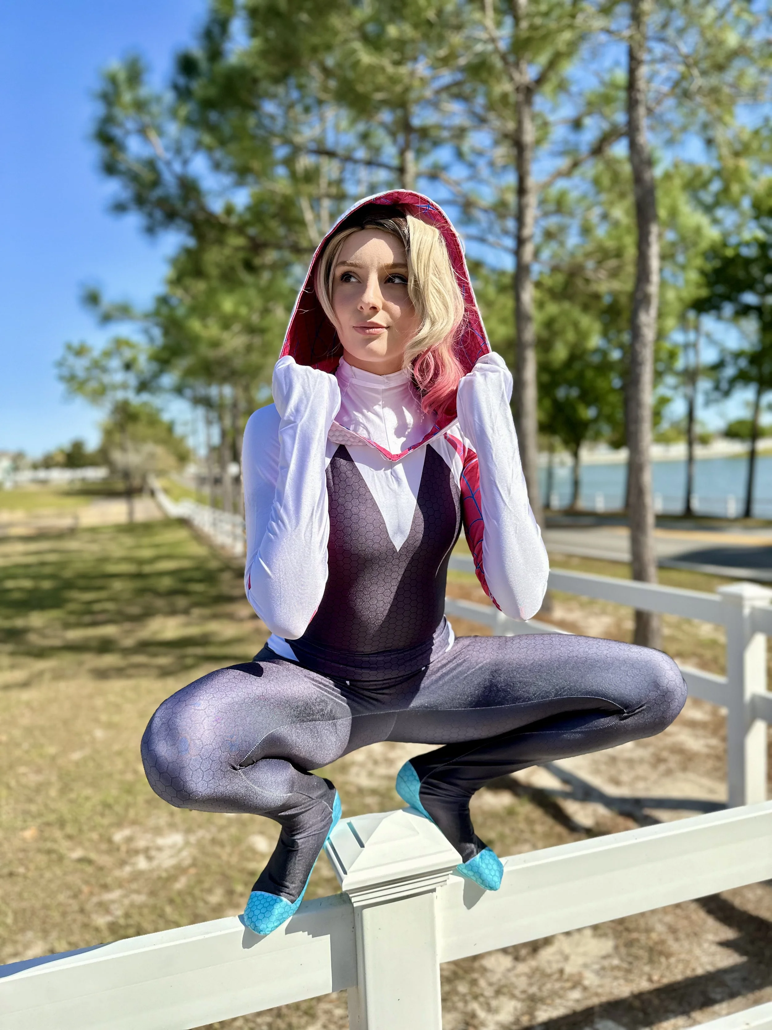 Spider-Gwen-inspired superhero character performer at a children’s birthday party.