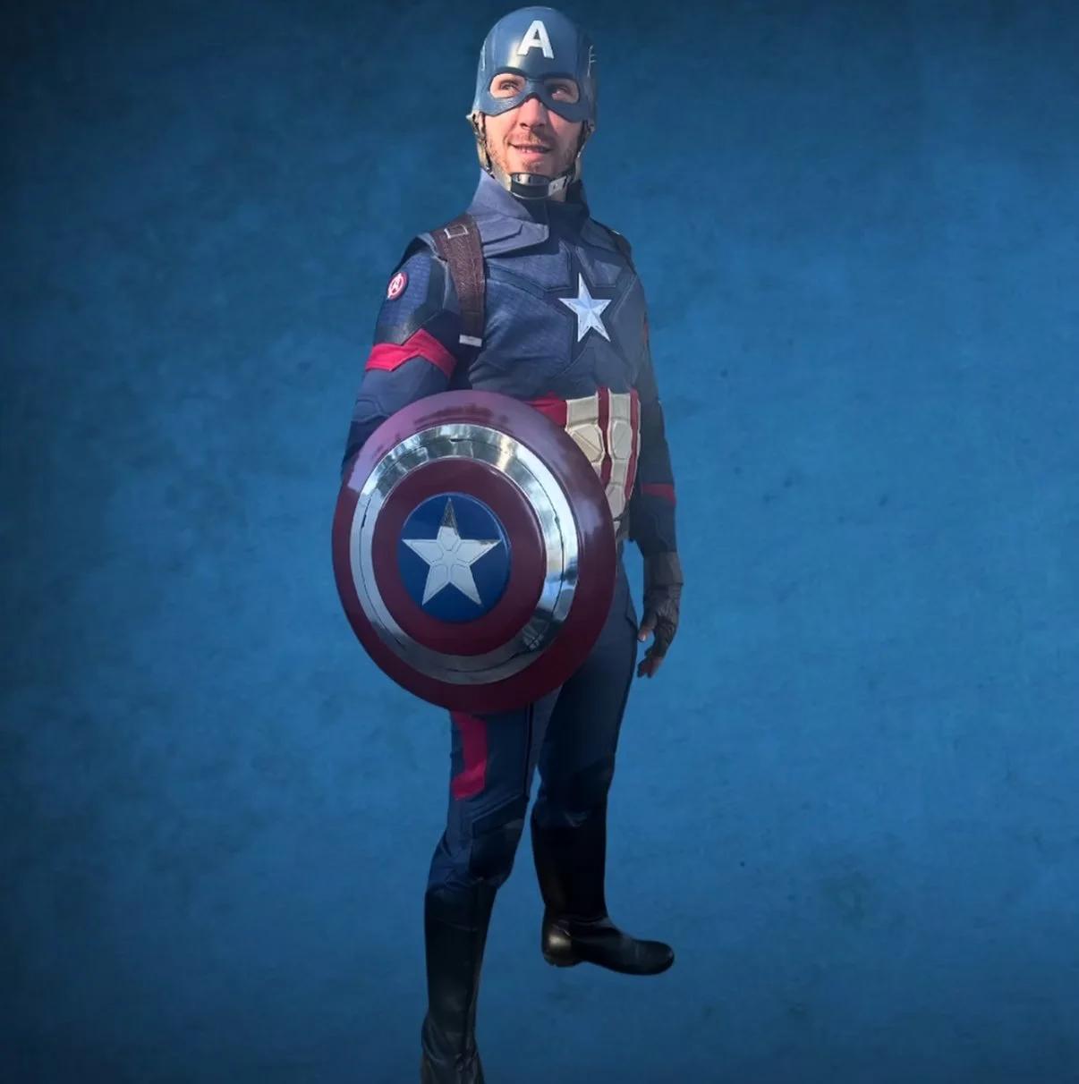 Captain America-inspired superhero character performer at a children’s birthday party.
