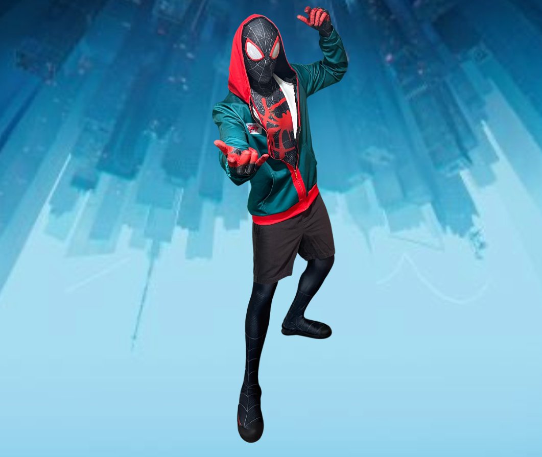 Miles Morales-inspired Spider-Verse superhero character performer at a children’s birthday party.