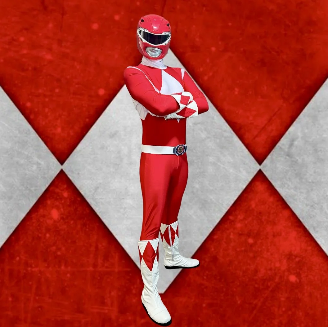 Red Power Ranger-inspired superhero character performer at a children’s birthday party.