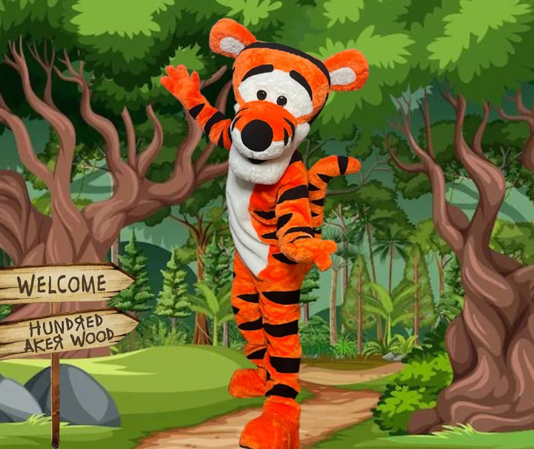Tigger character available for hire for children's birthday parties, school events, grand openings, and family celebrations in Kissimmee and Orlando.