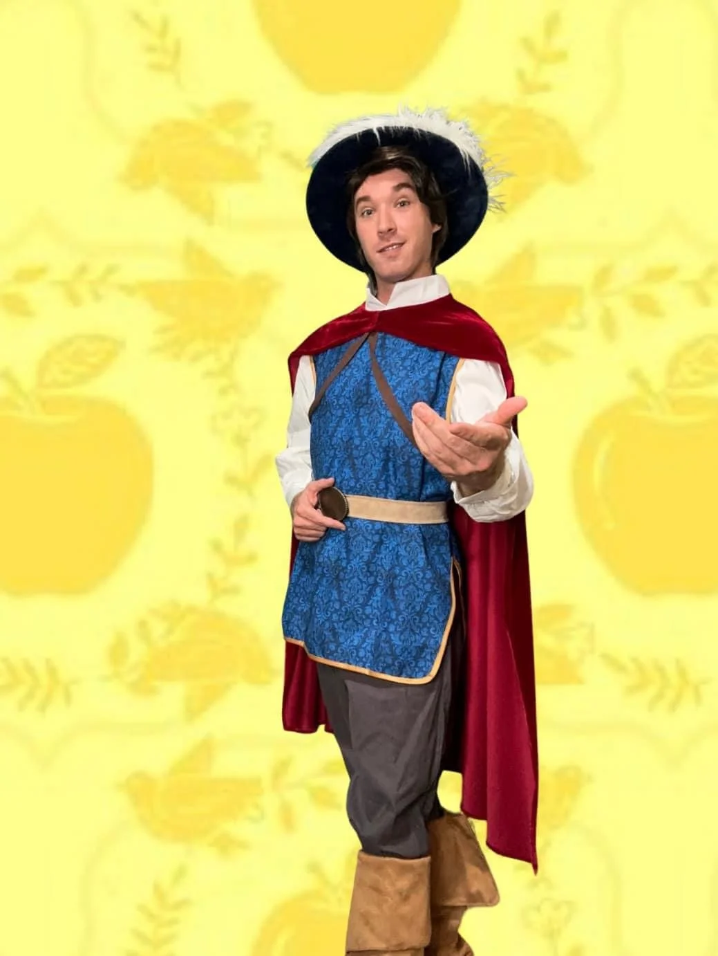 Prince Florian (Snow White’s Prince)-inspired royal character performer at a children’s birthday party.