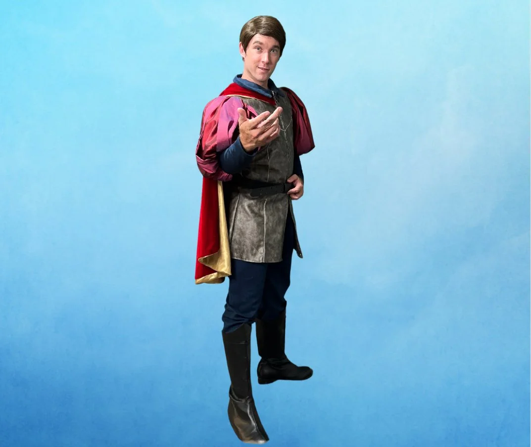 Prince Phillip-inspired royal character performer from Sleeping Beauty at a children’s birthday party.