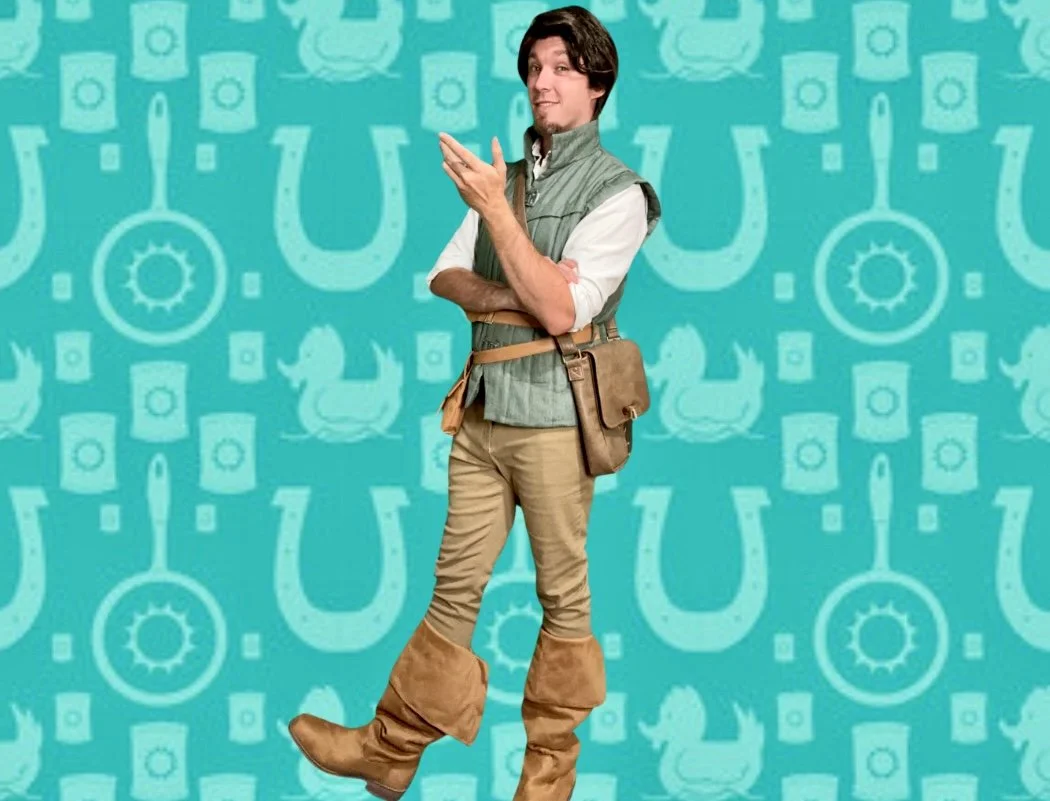 Flynn Rider-inspired royal prince performer at a children’s birthday party.
