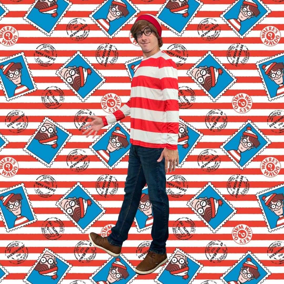 Waldo-inspired striped character performer at a children’s birthday party.