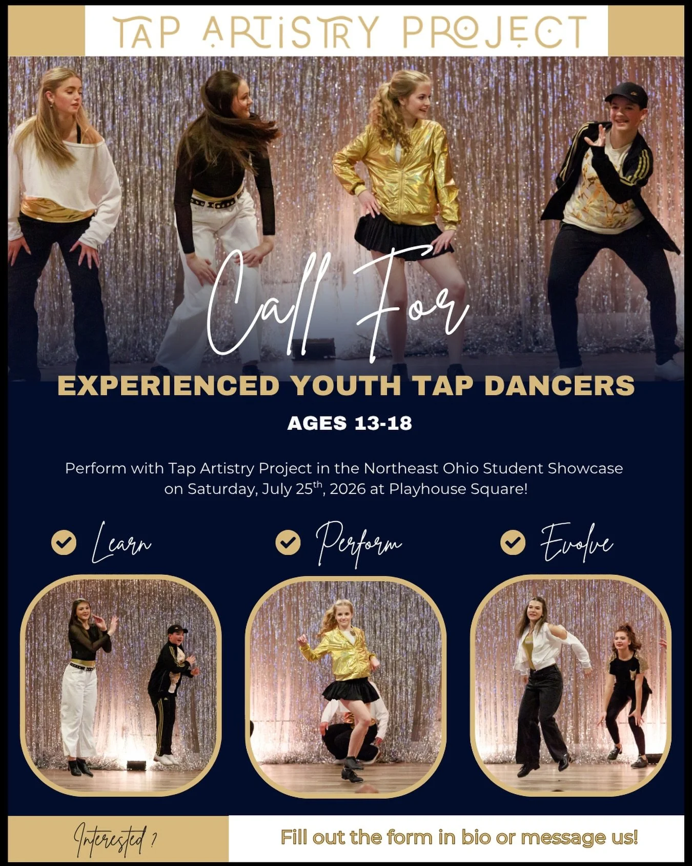 Serious about Tap? 

Join us for a Summer Tap Dance Performance Opportunity! ☀️ 

Learn.  Perform.  Evolve. 
July 25
Ages 13-18

Connect with us&hellip; fill out the form in bio.