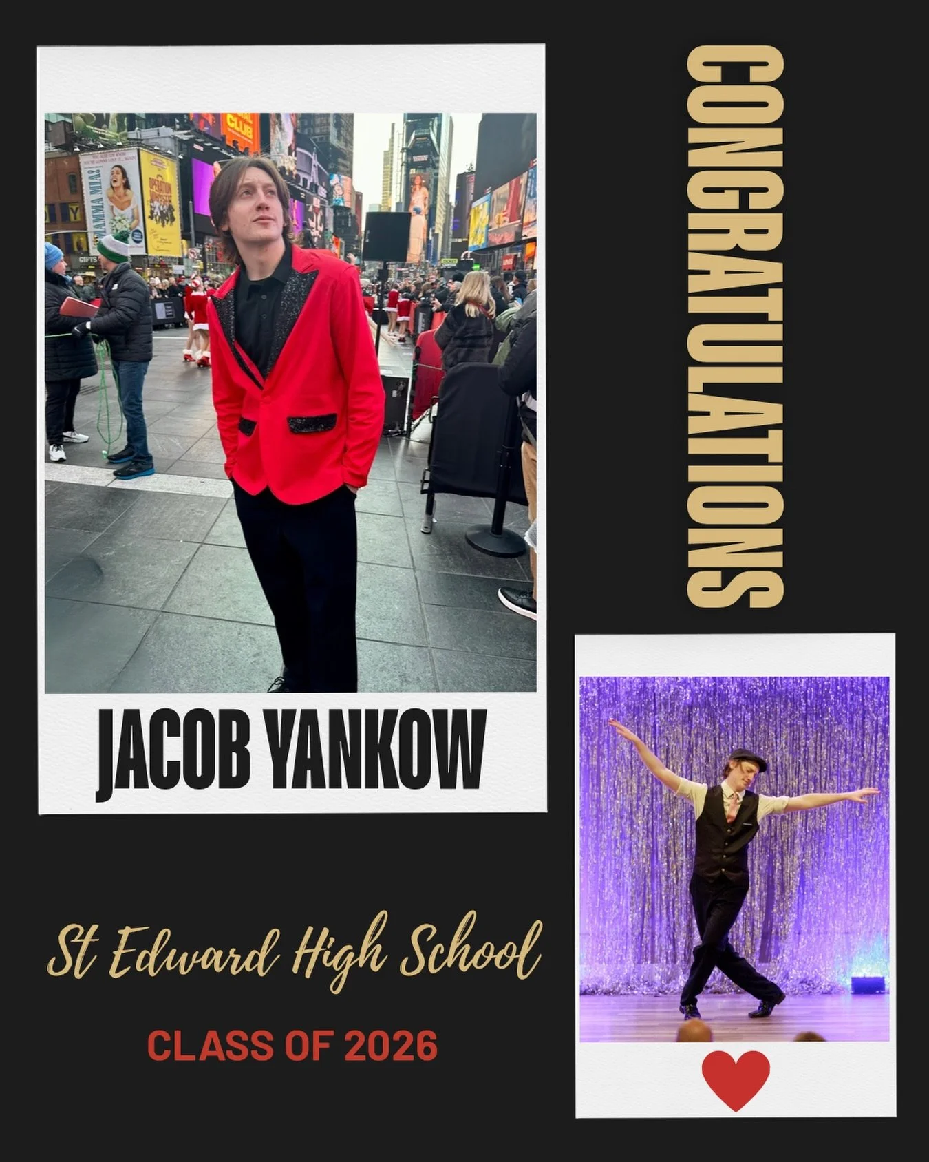 Senior Spotlight!
Congratulations and Best Wishes to Jacob! 

Jacob recently graduated from St. Edward High School and has been dancing for nine years, studying styles including tap, ballet, jazz, hip-hop, and musical theater. 

Throughout his time i