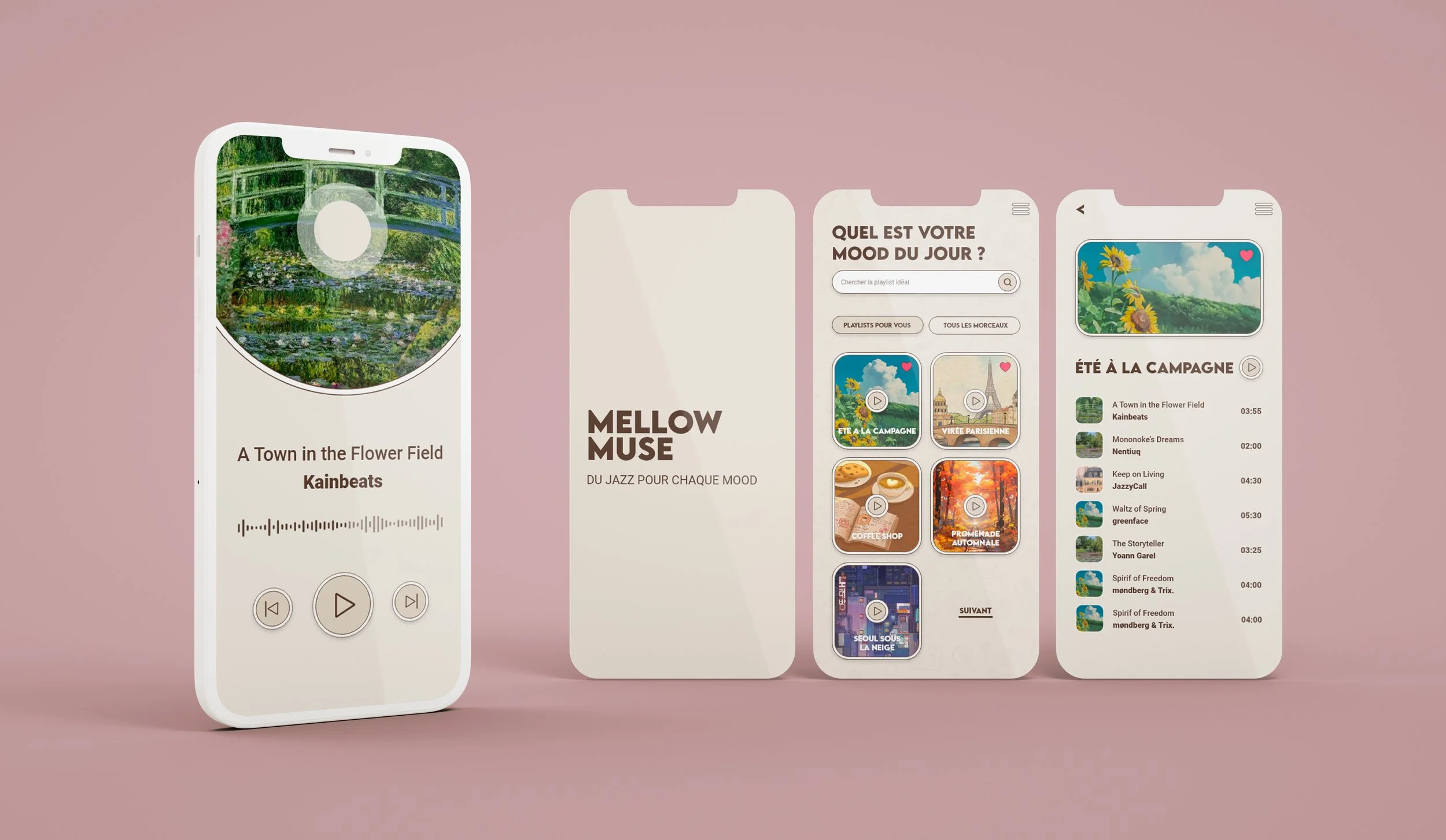 4 Visuels d'une fausse application de musique.