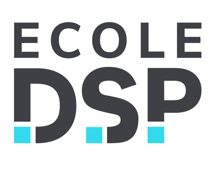 Logo de l'École DSP avec du texte en noir et des accents bleus