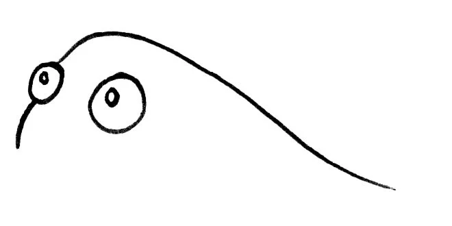 Simple black and white sketch of a creature with large round eyes and a long, curved body.