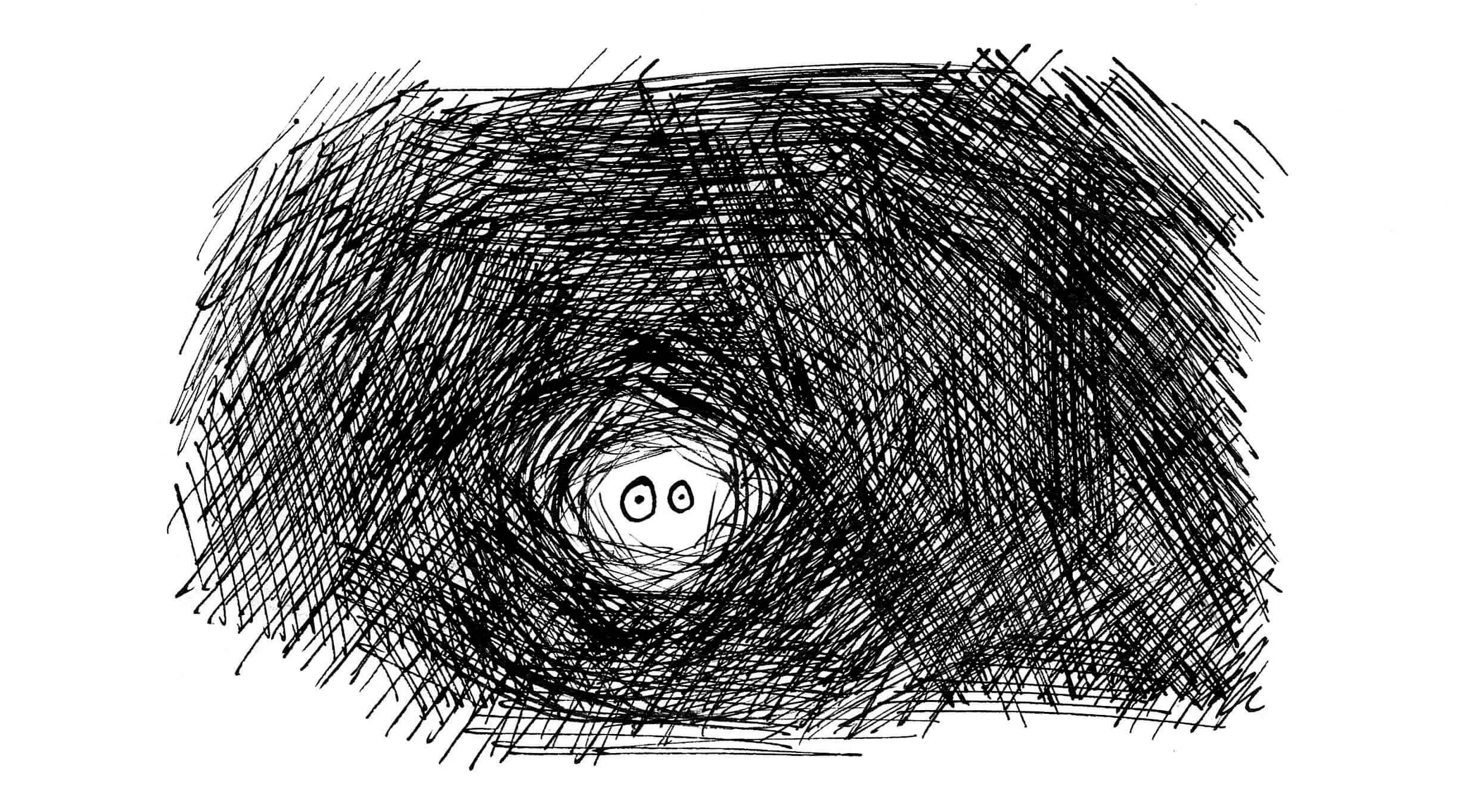 An illustration with crosshatched darkness, forming a dark vortex with two small eyes in the center.