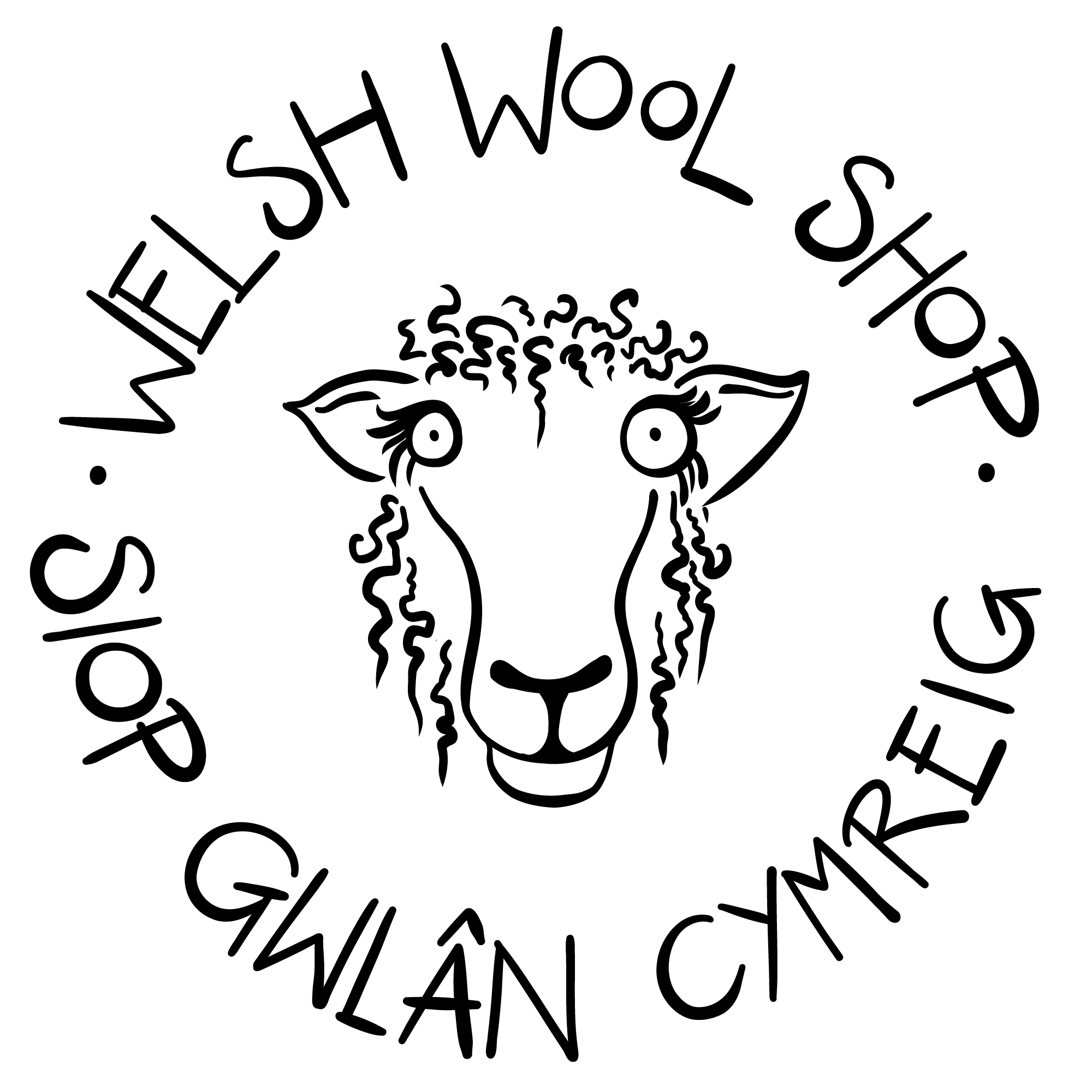 Black and white logo of a sheep's face surrounded by text that reads: "WELSH WOOL SHOP. SIOP GWLAN CYMREIG."