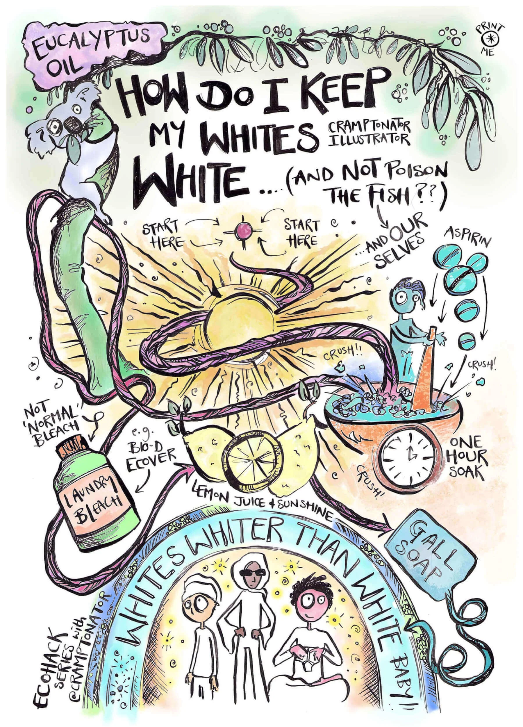 Colored-in version of an illustrated guide to environmentally friendly laundry solutions