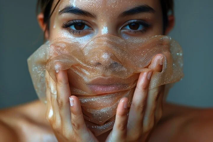 Una mujer con el rostro cubierto de burbujas de jabón, tocándose la cara con las manos.