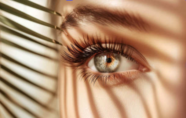Close-up of a person's eye with long eyelashes, surrounded by shadows cast by striped window blinds.