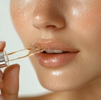 Close-up of a woman applying lip gloss with a clear applicator.