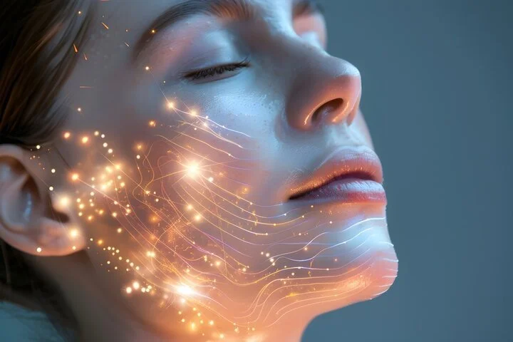 Mujer con rostro relajado y ojos cerrados, efectos de luz y líneas digitales en su cara.
