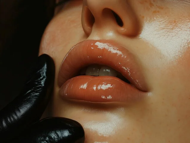 Close-up of a person's lips, which are shiny and slightly parted, with a gloved hand touching the side of the face.